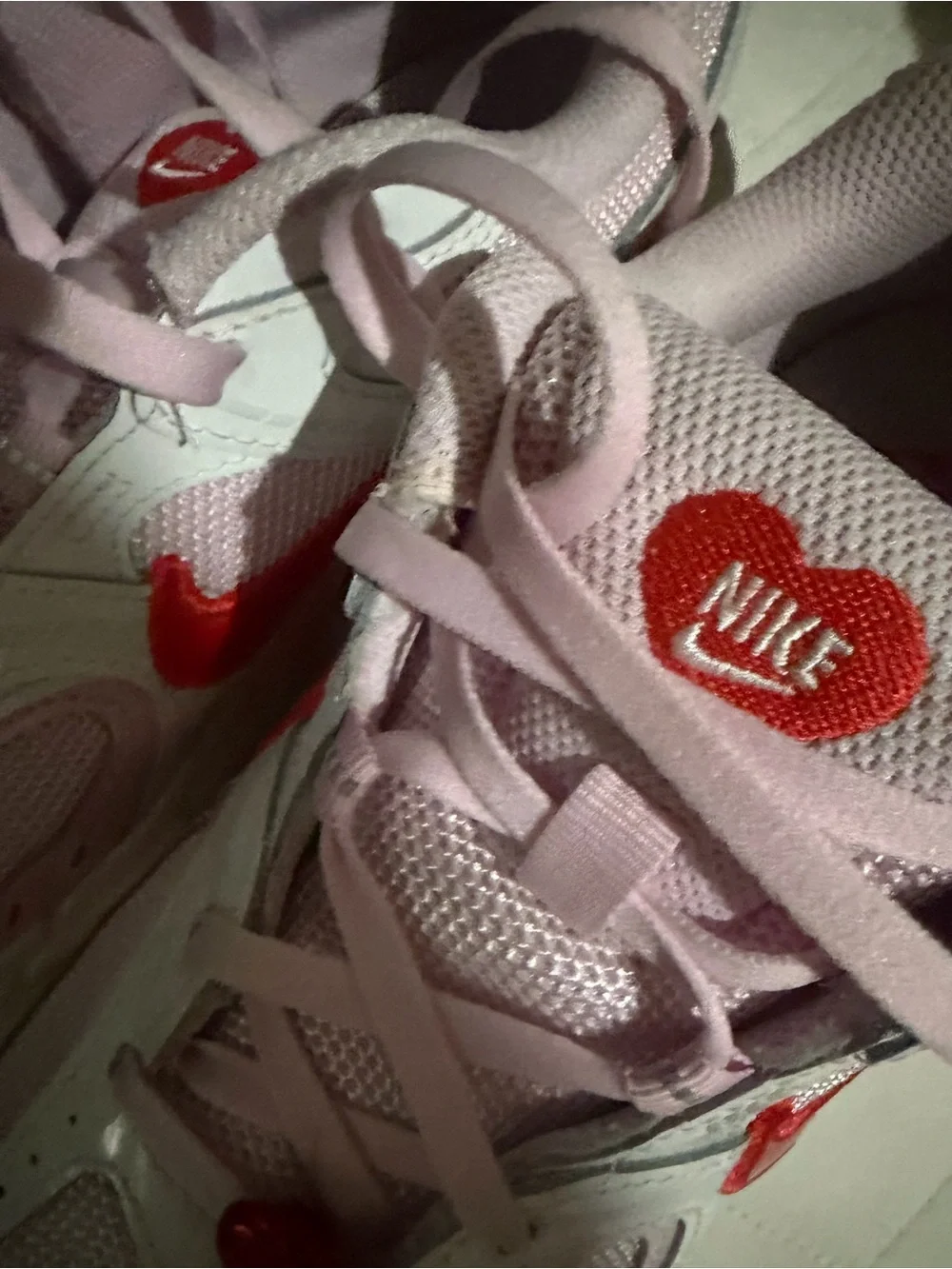 Nike White and Light Pink Sneakers with Red Swoosh